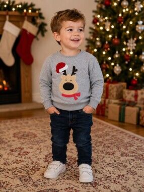 Kids Christmas Reindeer Sweatshirt  90 (2-3T) Gray Santa Hat Holiday Pullover